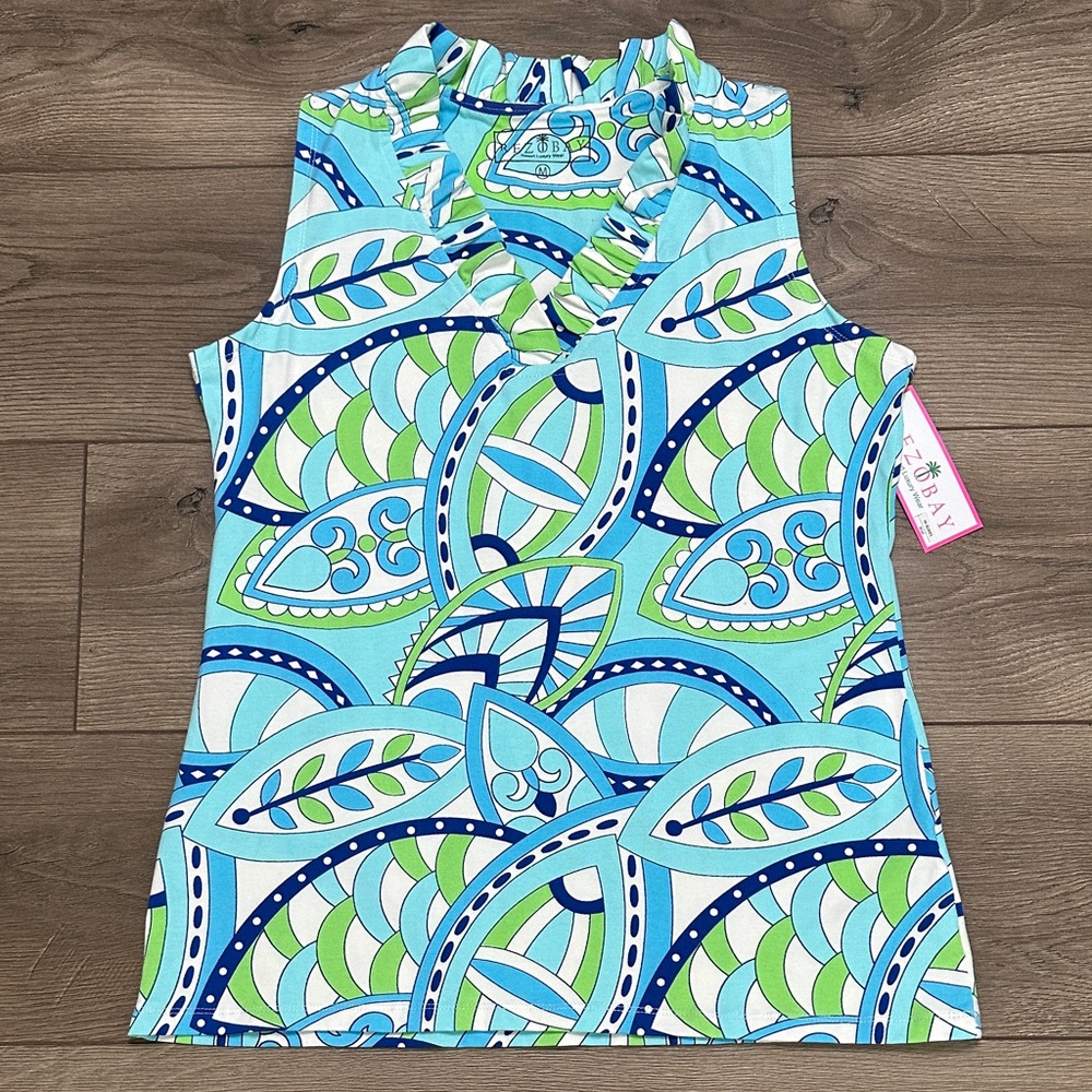 Rezobay Valencia Print Cotton Sleeveless Ruffle Portrait‎ Neck Tank Top Size M